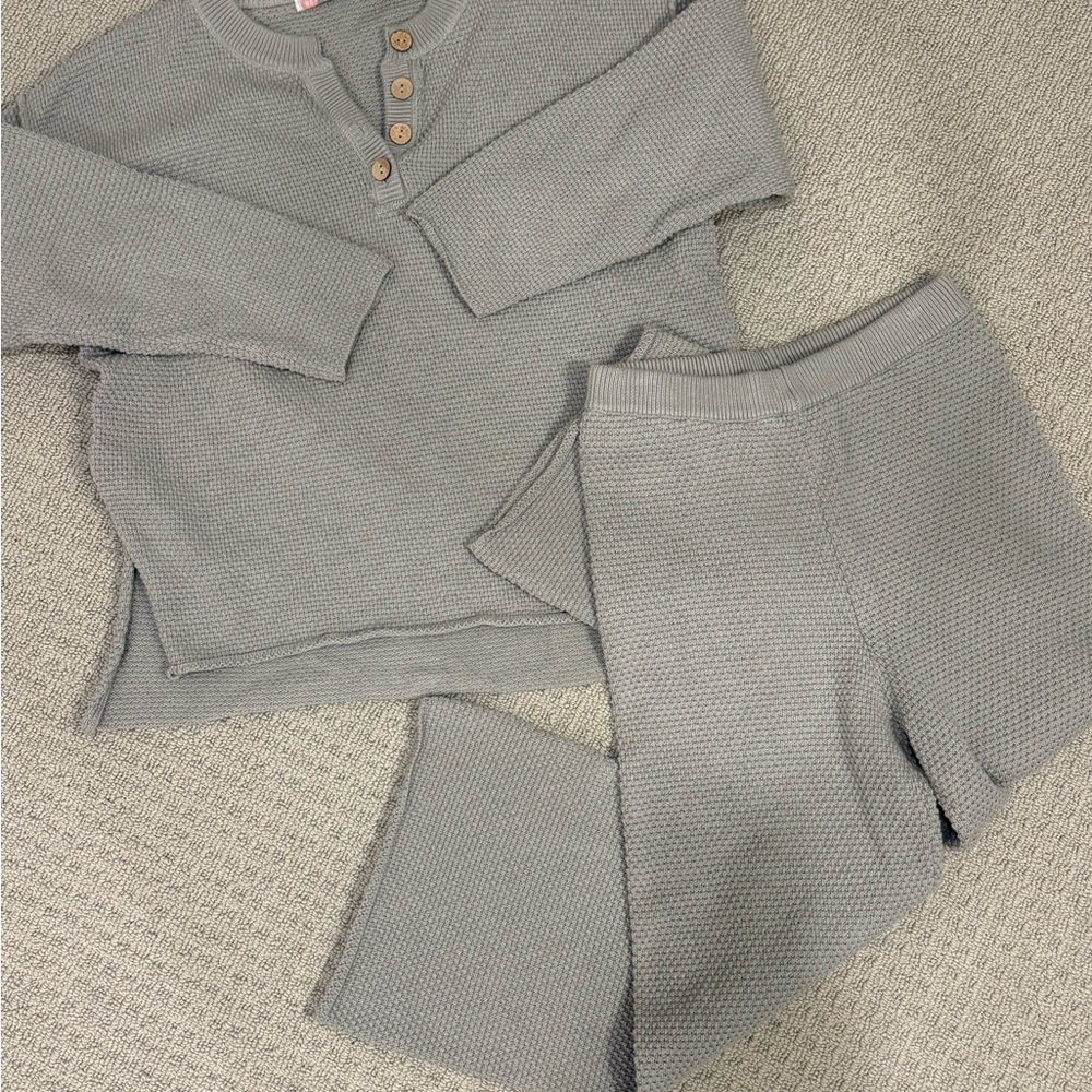 Free People Sage Green Waffle Knit Lounge Set Henley Top & Pants